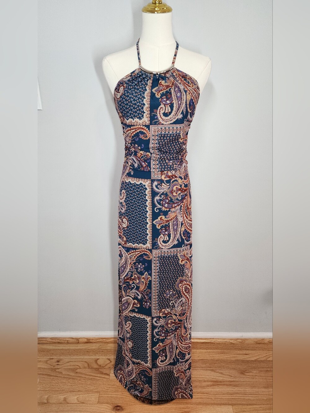 Luxury Maxi Halter Dress Paisley Pattern Heavy Material Bodycon Size S